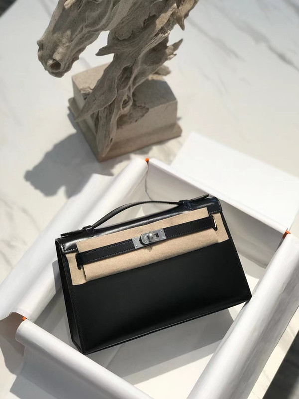 Hermès Black Mini Kelly Pochette Box Calf Leather Palladium Hardware