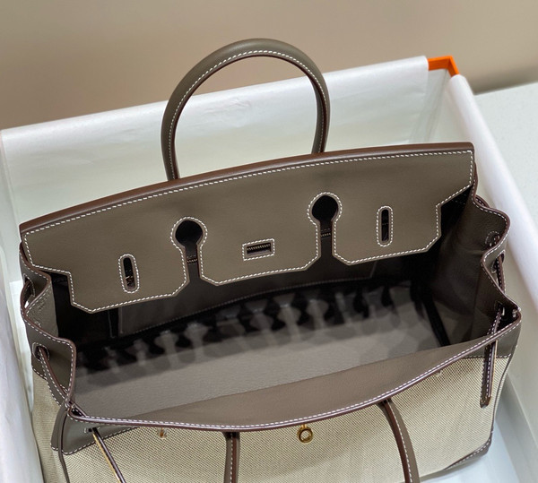 HERMÈS Toile Birkin 35 with Etoupe Swift Leather