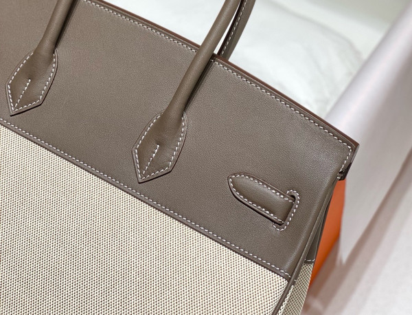 HERMÈS Toile Birkin 35 with Etoupe Swift Leather