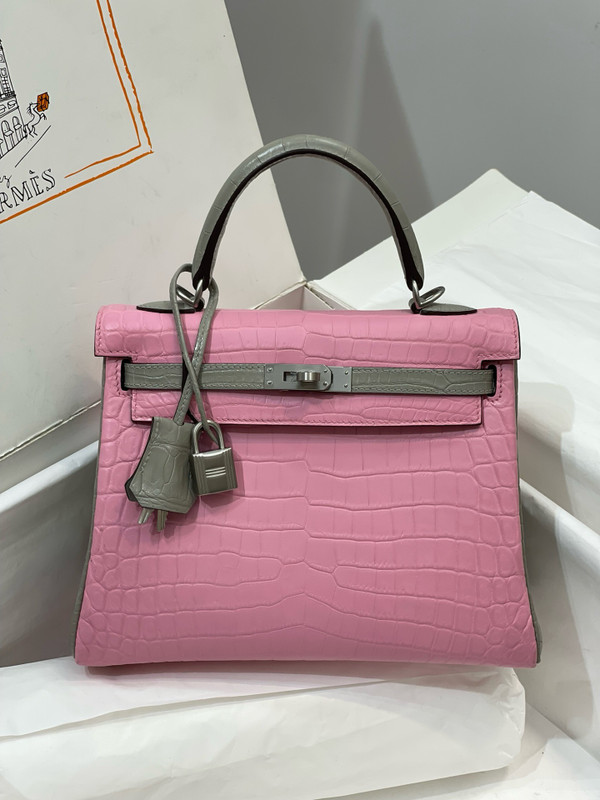 Hermes Special Order Grey/Pink NILOTICUS CROCODILE KELLY 25 WITH PALLADIUM  HARDWARE