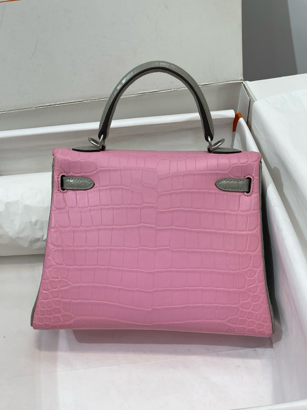 Hermes Special Order Grey/Pink NILOTICUS CROCODILE KELLY 25 WITH PALLADIUM  HARDWARE