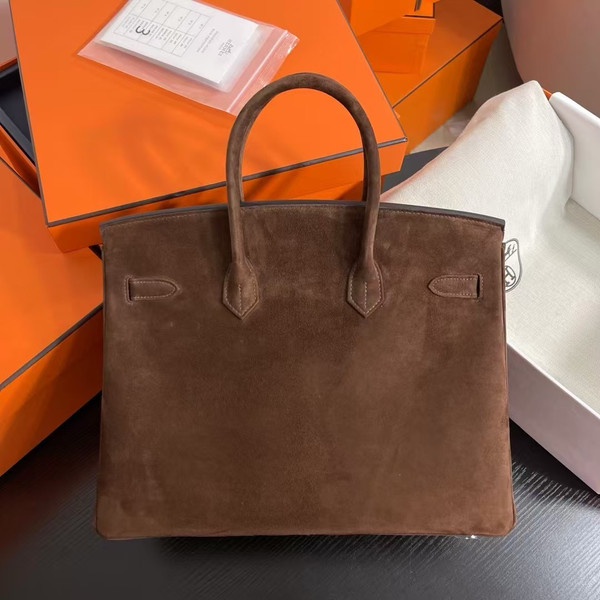 Hermès Birkin 35 cm Chocolate Suede Leather Palladium Hardware