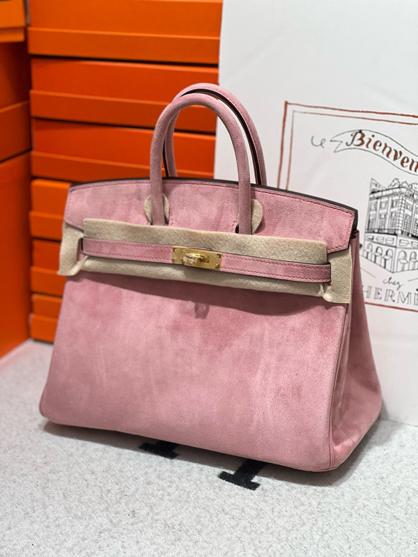 Hermes Birkin 25 Doblis Bag Pink Suede Gold Hardware