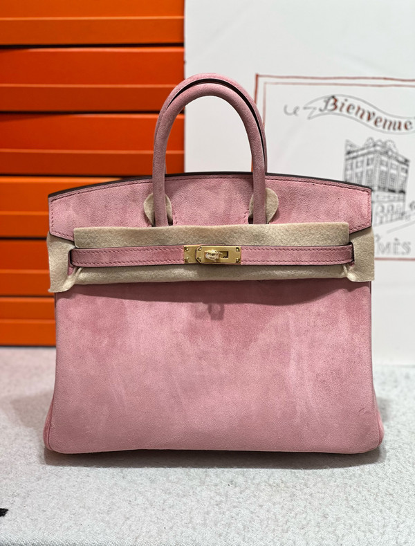 Hermes Birkin 25 Doblis Bag Pink Suede Gold Hardware