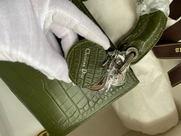Christian Dior Lady Dior Mini Crocodile Crystal Hardware Green