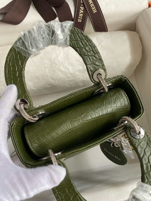 Christian Dior Lady Dior Mini Crocodile Crystal Hardware Green