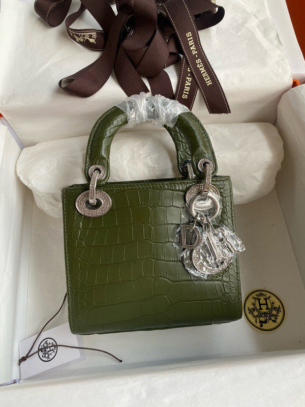Christian Dior Lady Dior Mini Crocodile Crystal Hardware Green