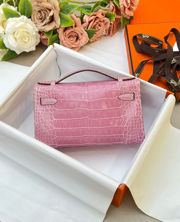 Hermès Shiny Rose Confetti Alligator Kelly Pochette Palladium Hardware