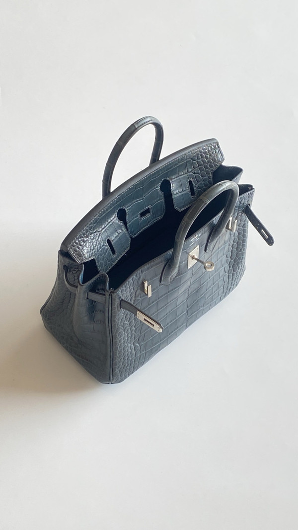 HERMES BIRKIN 30 BAG BLUE TEMPETE ALLIGATOR PALLADIUM HARDWARE