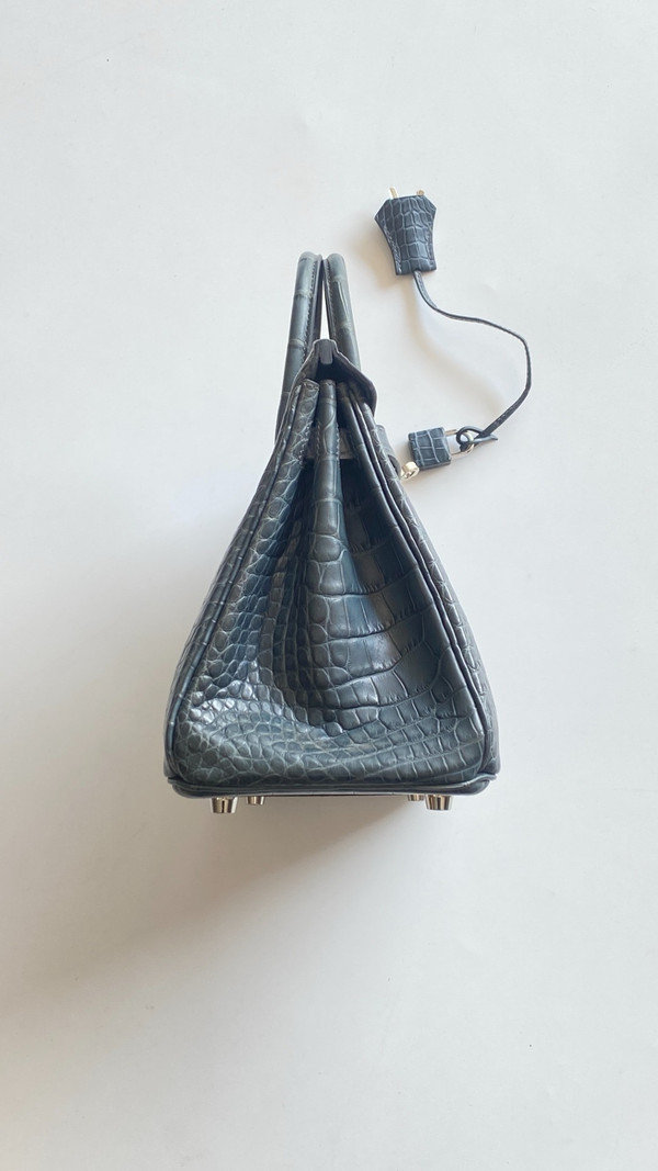 HERMES BIRKIN 30 BAG BLUE TEMPETE ALLIGATOR PALLADIUM HARDWARE