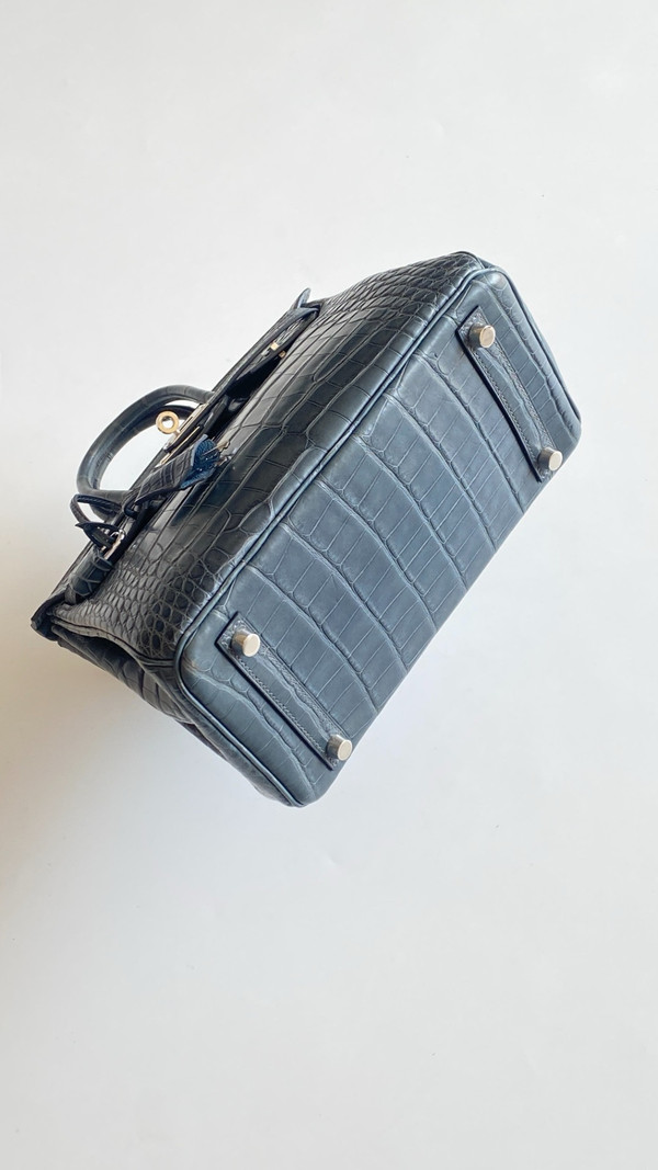 HERMES BIRKIN 30 BAG BLUE TEMPETE ALLIGATOR PALLADIUM HARDWARE