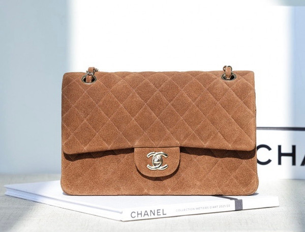 Chanel Medium Classic Double Flap Bag Gold Suede Light Gold Hardware