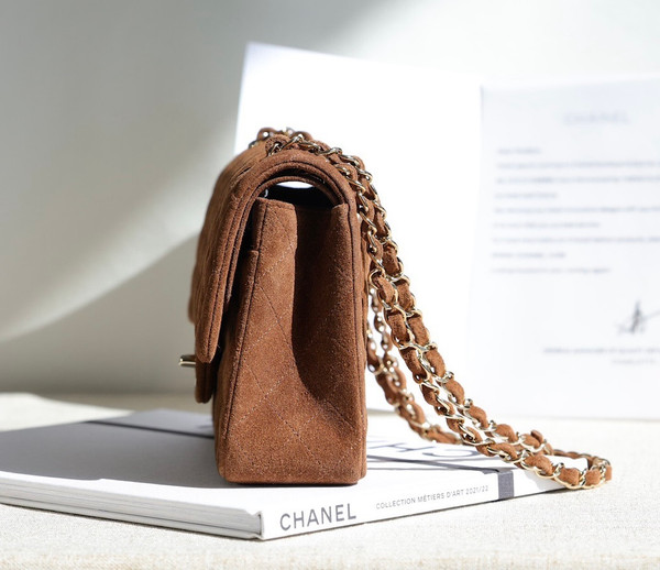 Chanel Medium Classic Double Flap Bag Gold Suede Light Gold Hardware