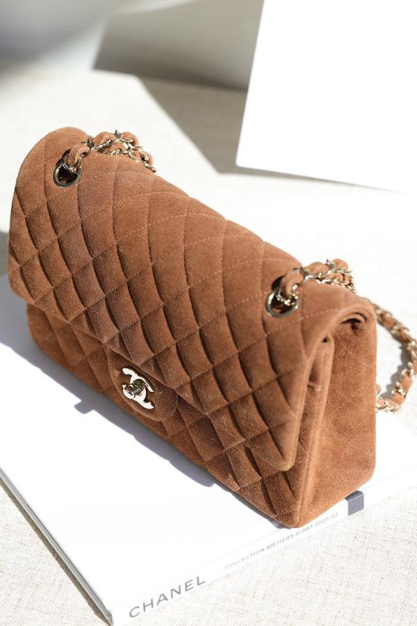 Chanel Medium Classic Double Flap Bag Gold Suede Light Gold Hardware