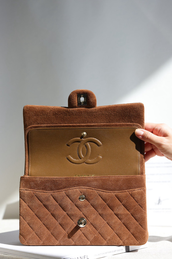 Chanel Medium Classic Double Flap Bag Gold Suede Light Gold Hardware