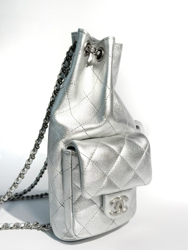 Chanel CRUISE 2024/25 Silver BACKPACK Shiny Lambskin & Gold-Tone Metal