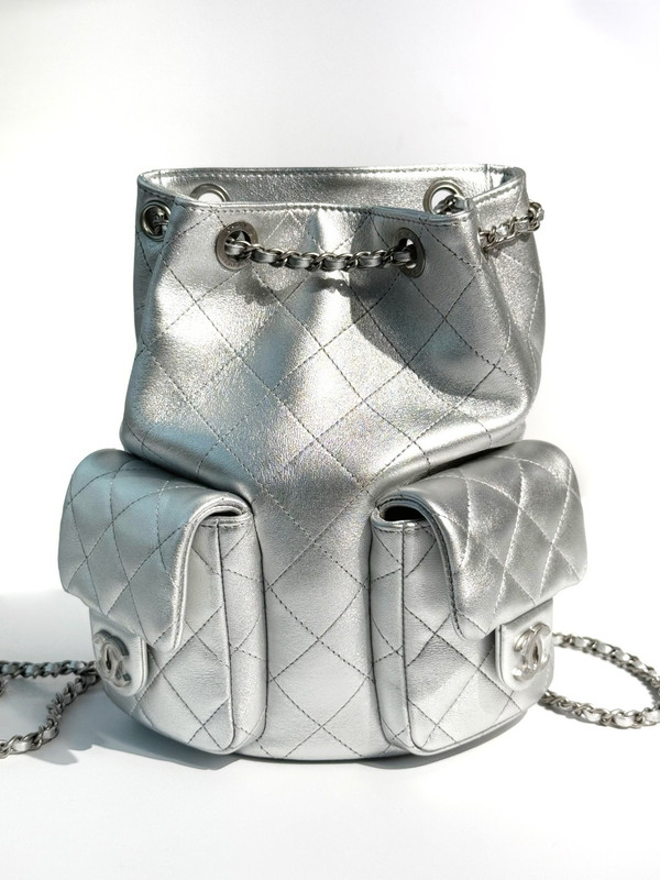 Chanel CRUISE 2024/25 Silver BACKPACK Shiny Lambskin & Gold-Tone Metal