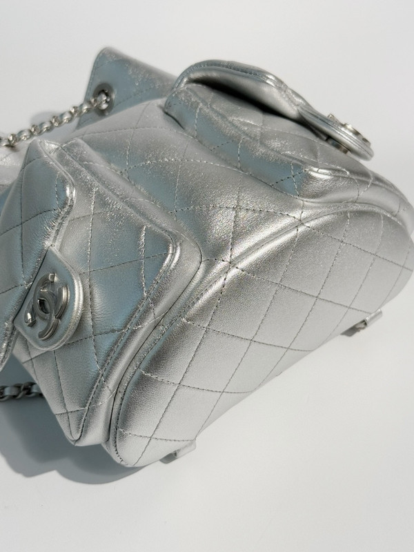 Chanel CRUISE 2024/25 Silver BACKPACK Shiny Lambskin & Gold-Tone Metal