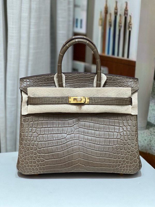 Hermes Etoupe Birkin 25 in Porosus  Crocodile with Gold hardware
