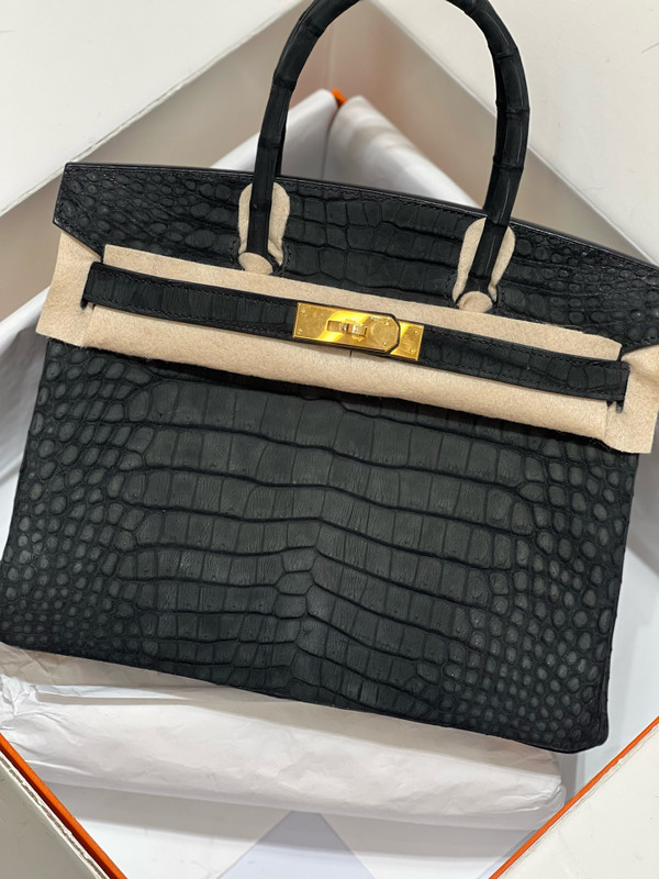HERMES BIRKIN 30 BAG FROSTED BLACK ALLIGATOR GOLD HARDWARE