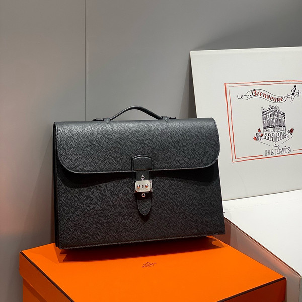 HERMES 38cm Black Togo Leather Palladium Plated Sac A Depeches Briefcase Bag