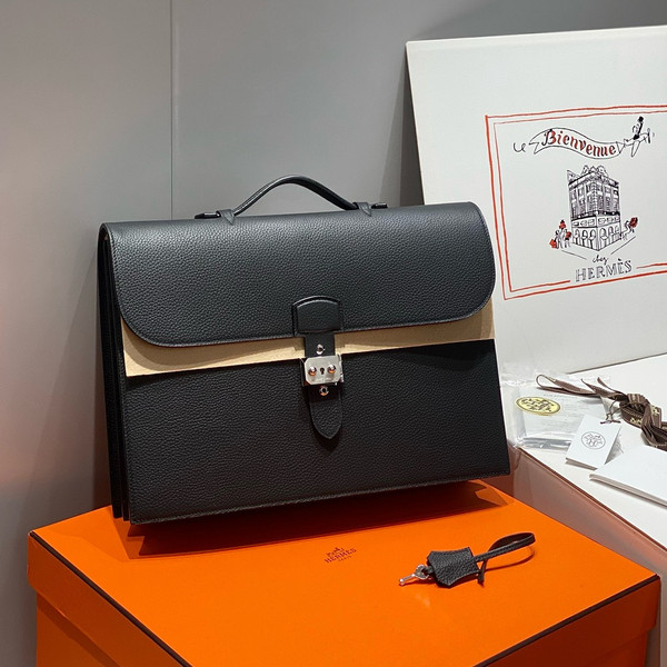 HERMES 38cm Black Togo Leather Palladium Plated Sac A Depeches Briefcase Bag