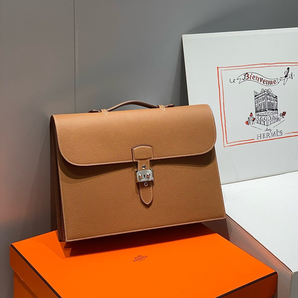 HERMES 38cm Gold Togo Leather Palladium Plated Sac A Depeches Briefcase Bag