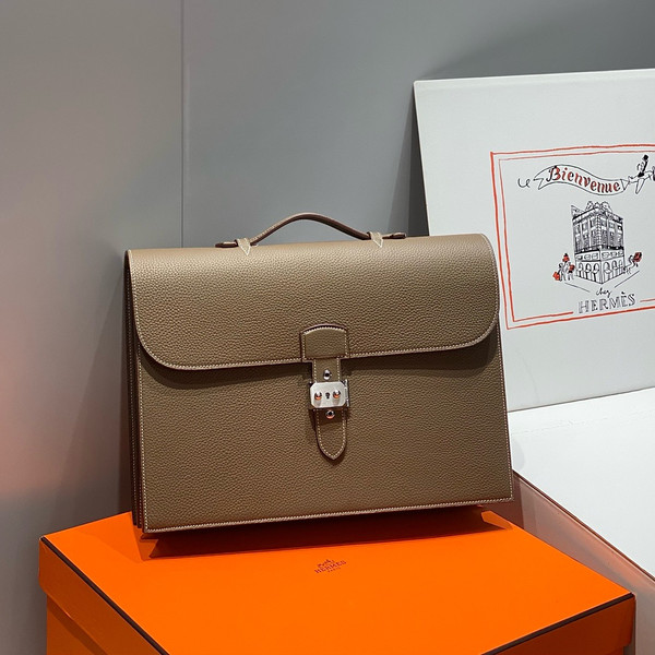 HERMES 38cm Etoupe Leather Palladium Plated Sac A Depeches Briefcase Bag