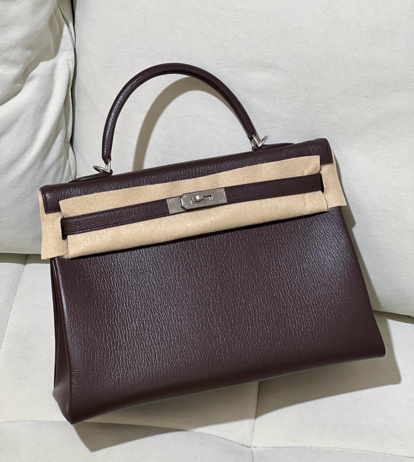 HERMES KELLY 35 RETOURNE HAVANNA CHEVRE PALLADIUM HARDWARE