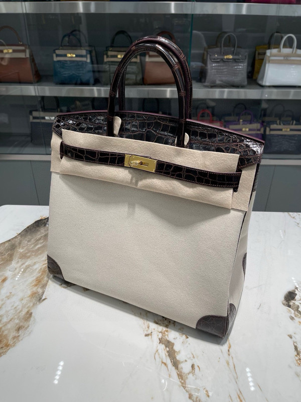 HERMÈS BIRKIN 40 HAVANE MATTE POROSUS CROCODILE & TOILE BRUSHED PALLADIUM HARDWARE