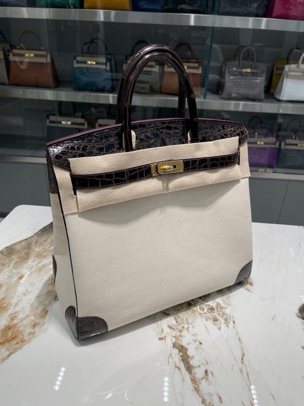 HERMÈS BIRKIN 40 HAVANE MATTE POROSUS CROCODILE & TOILE BRUSHED PALLADIUM HARDWARE