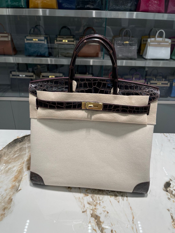HERMÈS BIRKIN 40 HAVANE MATTE POROSUS CROCODILE & TOILE BRUSHED PALLADIUM HARDWARE