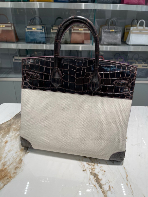 HERMÈS BIRKIN 40 HAVANE MATTE POROSUS CROCODILE & TOILE BRUSHED PALLADIUM HARDWARE