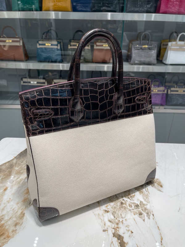 HERMÈS BIRKIN 40 HAVANE MATTE POROSUS CROCODILE & TOILE BRUSHED PALLADIUM HARDWARE