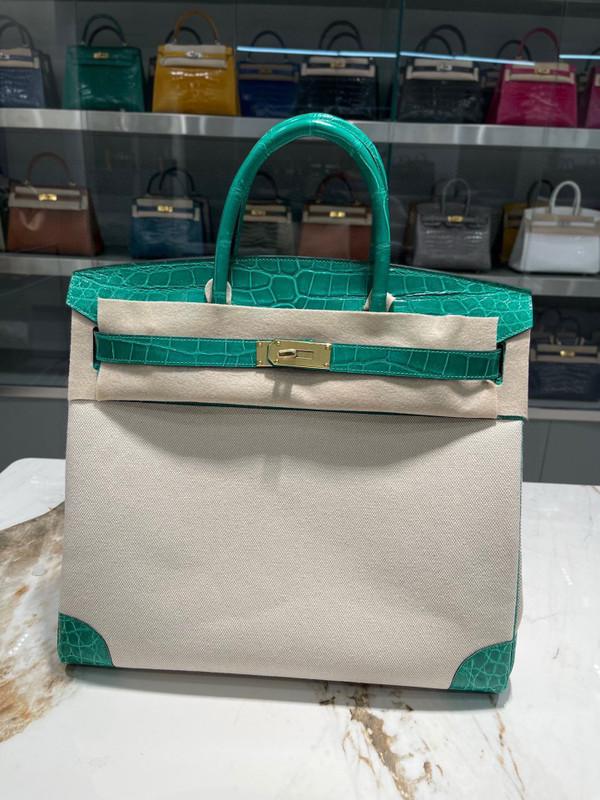 HERMÈS BIRKIN 40 BAMBOO MATTE POROSUS CROCODILE & TOILE BRUSHED PALLADIUM HARDWARE