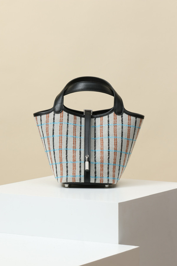 Hermes Picotin Lock 18 bag H canvas and Black Swift calfskin with "Couverture Carre" embroidery