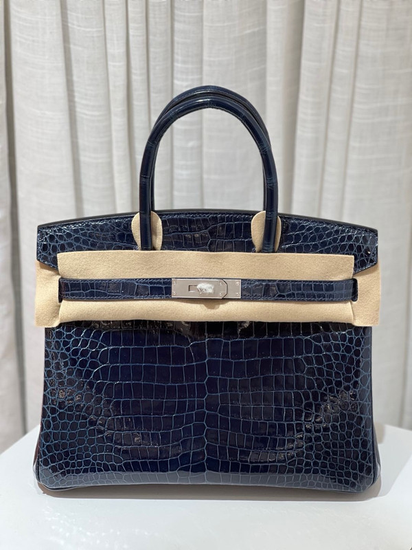 Hermes 7k Blue Saphir Birkin 30 in Porosus  Crocodile with Palladium hardware