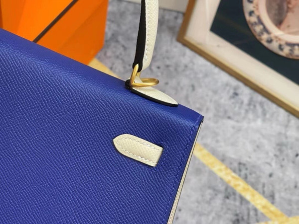 Hermes Special Order Horseshoe Blue Electric/Craie  Kelly 25 cm Epsom Gold Hardware
