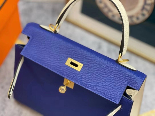 Hermes Special Order Horseshoe Blue Electric/Craie  Kelly 25 cm Epsom Gold Hardware