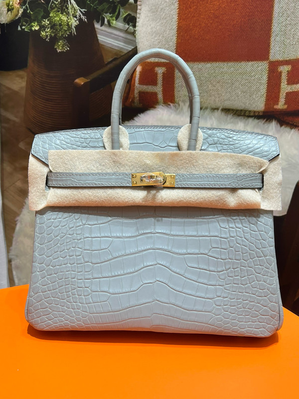 HERMES Gris Ciment Birkin 25 Matt Alligator Crocodile Skin Gold Hardware