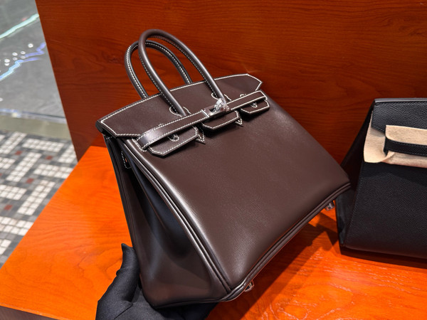 Hermes Birkin 25  Ebene Box Leather Palladium Hardware