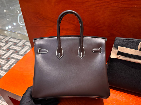 Hermes Birkin 25  Ebene Box Leather Palladium Hardware