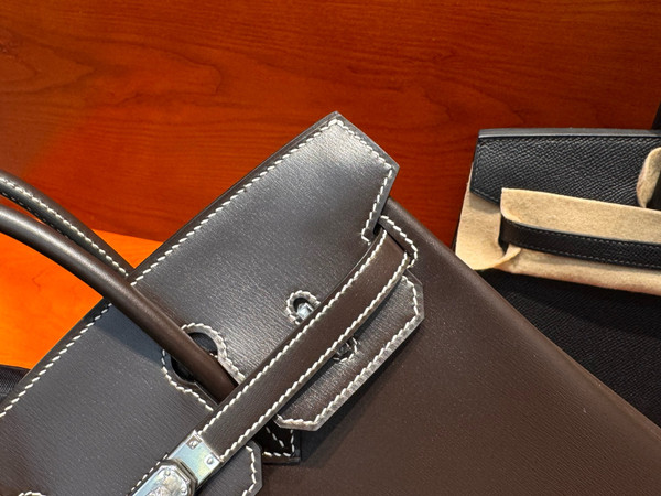 Hermes Birkin 25  Ebene Box Leather Palladium Hardware