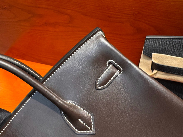 Hermes Birkin 25  Ebene Box Leather Palladium Hardware