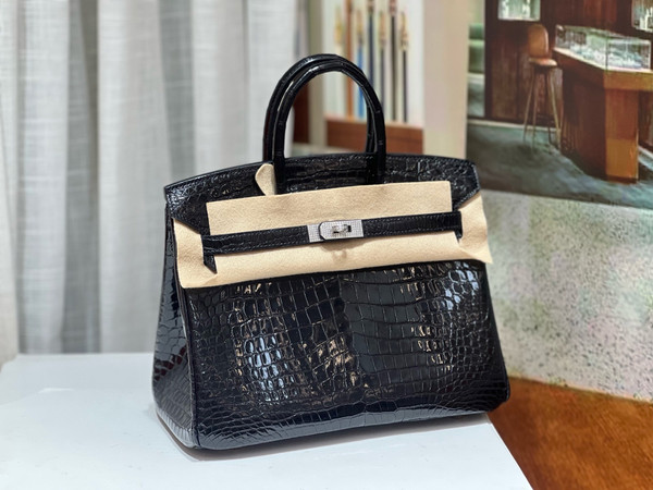 HERMES SHINY BLACK POROSUS CROCODILE DIAMOND BIRKIN 25 WITH 18K WHITE DIAMOND HARDWARE