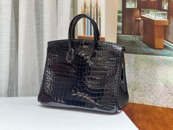 HERMES SHINY BLACK POROSUS CROCODILE DIAMOND BIRKIN 25 WITH 18K WHITE DIAMOND HARDWARE