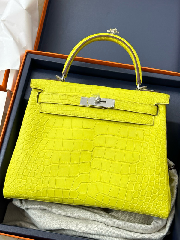 Hermes Lime Alligator KELLY 28 With Palladium Hardware
