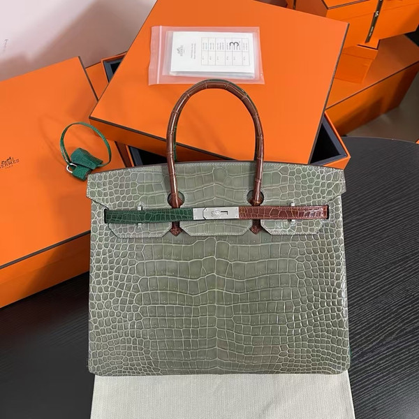 Hermes Special Order Gris Tourterelle/Vert Fonce/Vert Emeraude/Honey Birkin 35 in Porosus Crocodile with Palladium  hardware