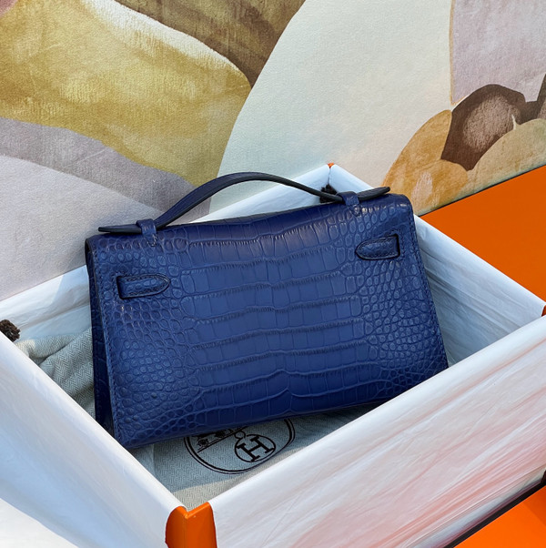 Hermes mini kelly Pochette Menthe Bleu Saphir Croco Alligator/ feather