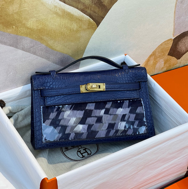 Hermes mini kelly Pochette Menthe Bleu Saphir Croco Alligator/ feather